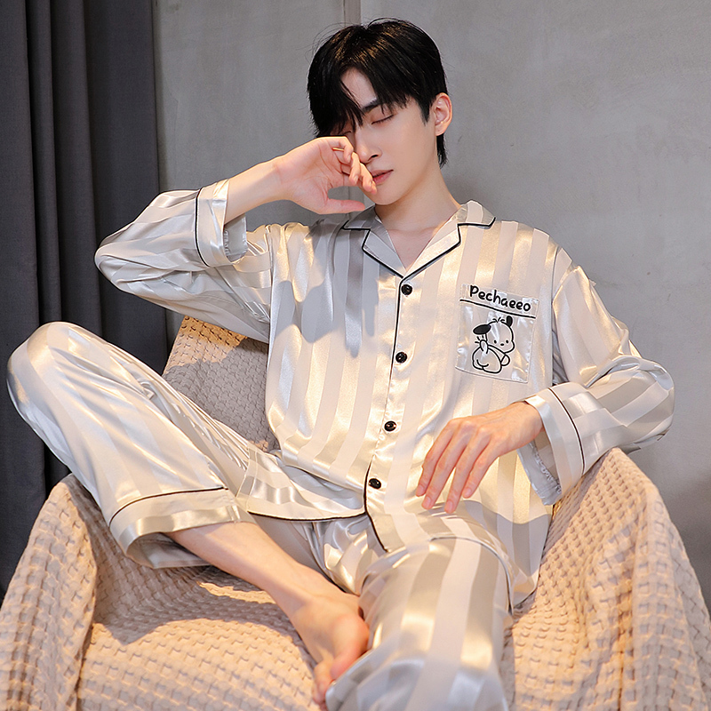 Men's Pajamas Men's Summer 2026 New Ice Silk Spring and Autumn Long-Sleeved Youth Large Size Home Wear Set Men's Pajamas Men's Summer 2026 New Ice Silk Spring and Autumn Long-Sleeved Youth Large Size Home Wear Set
