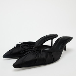 ZA2024 летом обувь женская чёрный бант Украсить высокая мода Польские туфли Мюллера верхняя одежда Половина буксировки сандалии