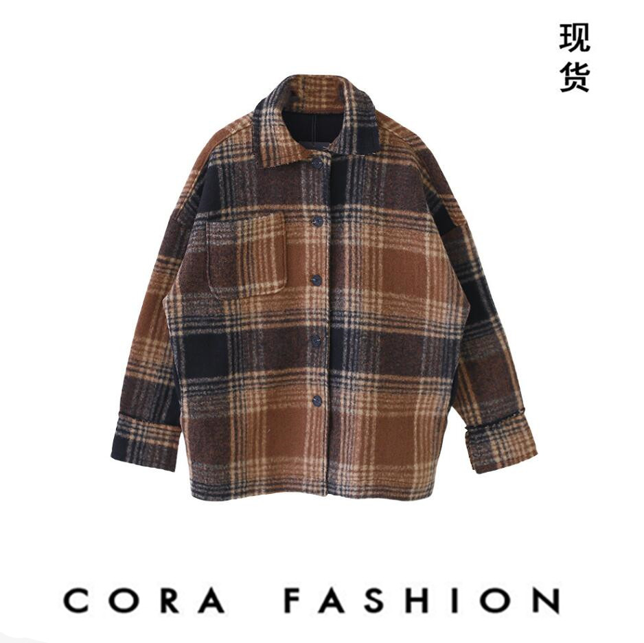 Mùa xuân và mùa đông ins trường mùa chic len coat Coin Harajuku cổng gió dài retro áo kẻ sọc nữ sinh viên áo khoác lông