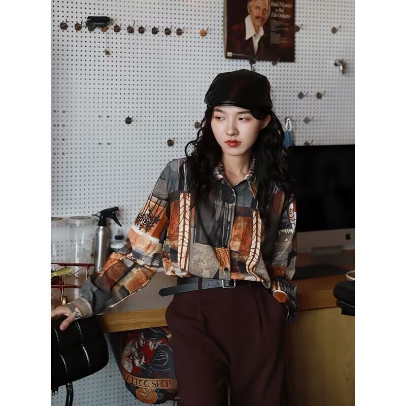 Hong Kong Style Shirt for Women, Spring and Autumn Long-Sleeved, Unique Design, New Printed Retro Hong Kong Style Loose Layered Shirt Top