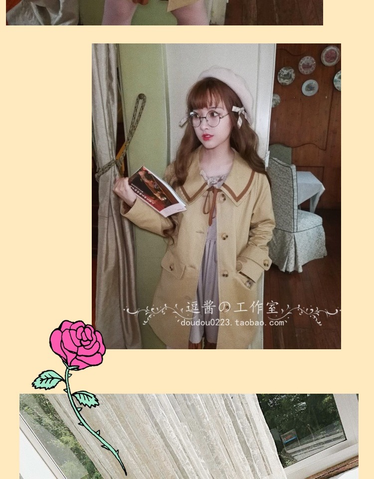 Hài hước nước sốt mùa thu ban đầu [sô cô la hôn] cổ áo hải quân retro mềm chị dày bông áo gió dài áo ấm
