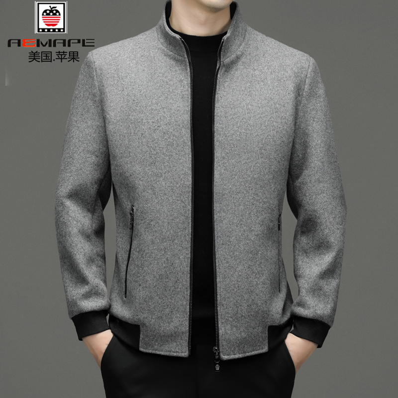 American Apple Short Men's Wool Jacket 2025 Autumn and Winter New Style Middle-Aged Zipper Stand Collar Woolen Jacket