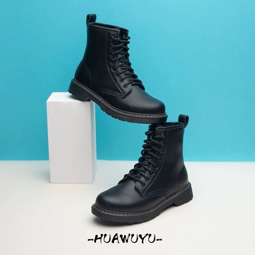 化雾语 Martens, черные женские утепленные короткие сапоги с молнией с декоративной строчкой для школьников и студентов, визуально стройнят