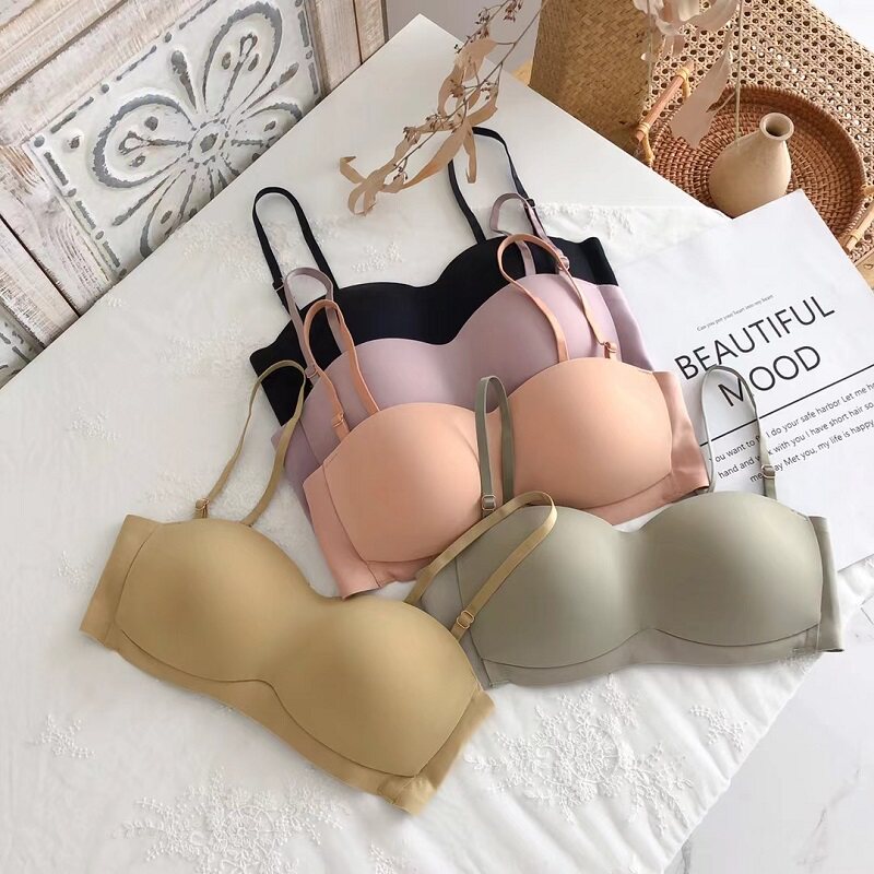 No trace glossy underwear set women's no steel ring solid color simple detachable tube top wrap chest thin comfortable bra