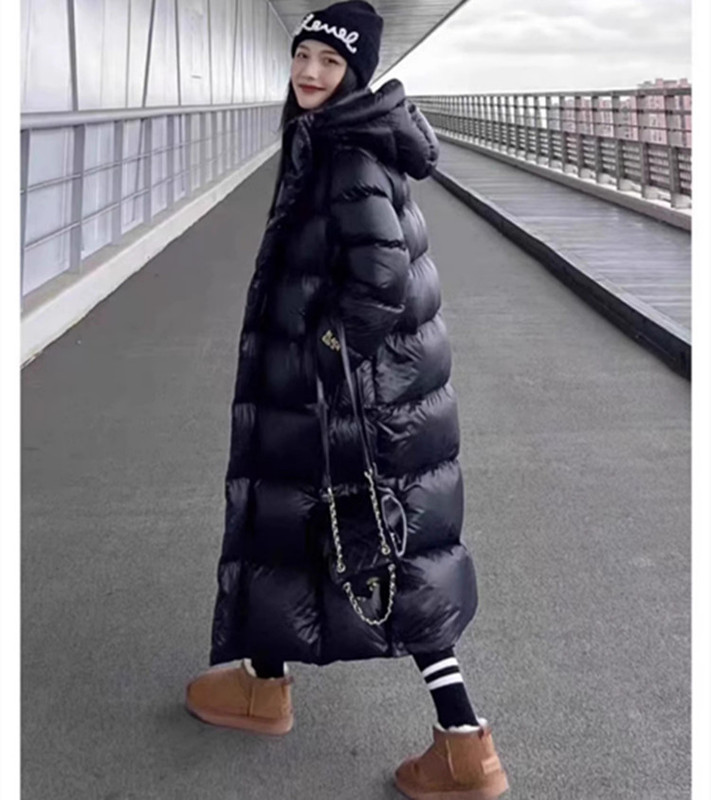 Black Over-The-Knee Long Triple-Protection Thickened Hooded down Jacket for Men and Women, Loose Fit, White Duck Down, Couple's Warm Winter Coat