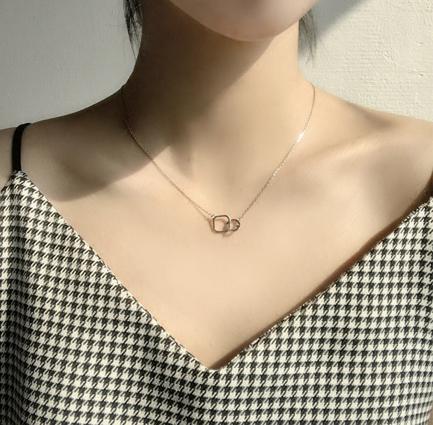 Extremely simple square circle geometric buckle double ring shiny zircon S925 pure silver short necklace lock bone chain gift woman