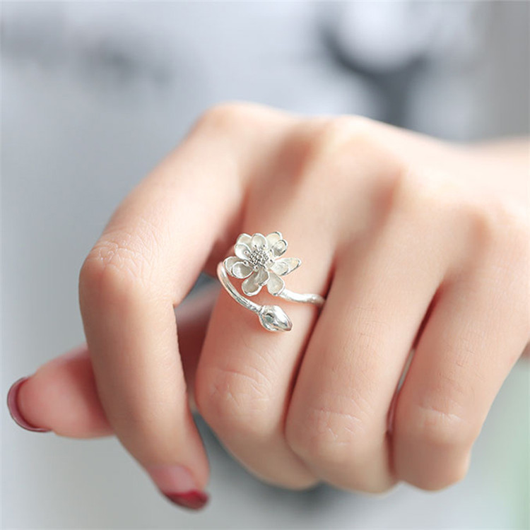 Nhẫn hàn quốc S925 sterling silver bạc gốc trang sức ngọt ngào tươi cá tính ngón trỏ ngón tay nhẫn sen tình yêu nhẫn nữ