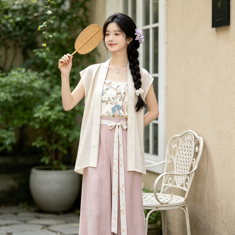 New Song Dynasty-Style Hanfu Three-Piece Set: Vest, Song Pants, and Suspenders, Slim-Fit Daily Outfit for Women, Summer Style, Improved for Everyday Work New Song Dynasty-Style Hanfu Three-Piece Set: Vest, Song Pants, and Suspenders, Slim-Fit Daily Outfit for Women, Summer Style, Improved for Everyday Work