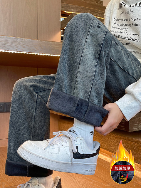 2025 New Autumn and Winter Velvet Thickened Jeans Boys Teenagers Students Big Children Straight Casual Pants