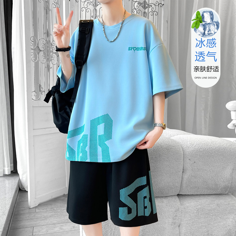 Teenagers' Ice Silk Quick-Drying Short-Sleeved T-Shirt Boys' Middle and High School Students' Trendy and Handsome Big Children's Summer Sports Suit