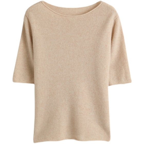 春秋新款羊毛衫女半袖圆领针织衫五分袖打底毛衣短袖衫卷边宽松