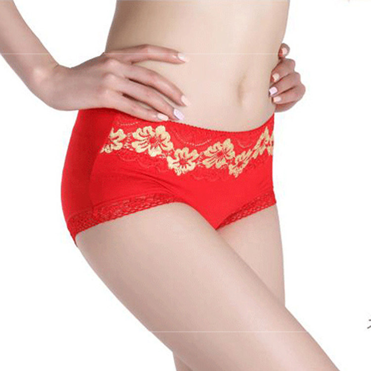 Bamboo fiber embroidered panties women's summer lace mid-waisted Modal sexy incognito big red wedding briefs head