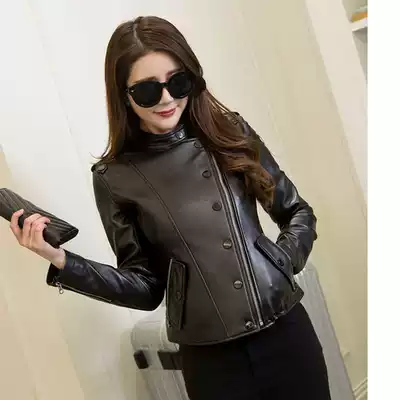 New high-end imported sheepskin leather leather women short motorcycle jacket stand collar large size female epaulettes lapel lapels