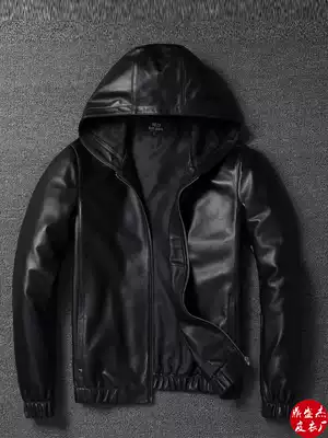 Imported top sheepskin casual leather jacket hooded leather jacket men's hooded cotton short youth slim coat