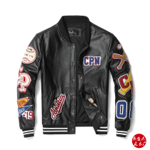 New multi-label embroidered leather jacket mens head layer cowhide jacket casual baseball wear leather jacket top size