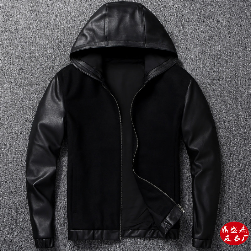 Top layer sheepskin casual hooded genuine leather jacket men's jacket woolen and leather sleeve baseball jacket large size