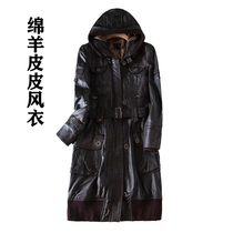 First layer of sheepskin leather leather clothing womens long belt waist leather windbreaker coat coat large size slim hooded