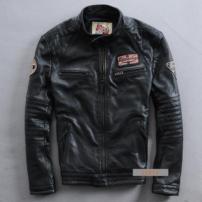 Men's clothing new headlayer Bull Leather Youth Stand-up Leather leather Locomotive Leather leather Harley jacket Large size Embroidered Jacket