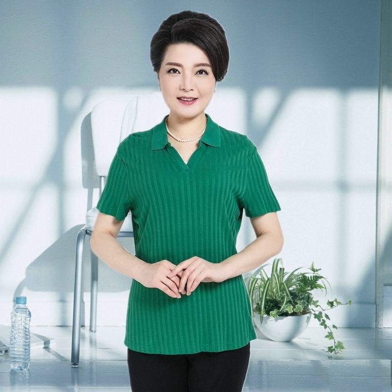 (clear cabin) mid-aged large size short sleeve t-shirt female summer clothing mom loaded collar pure cotton loose half sleeve blouse