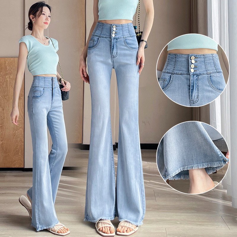 Thin Flared Jeans for Women 2026 New Summer Style with Frayed Edges, Extended Length, Stretchy, Slimming and Drapey Bell-Bottom Pants