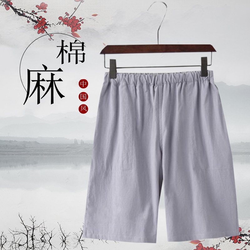 Chinese style linen shorts men's summer casual five-point pants Chinese style cotton and linen elastic waist outer wear pants home casual shorts