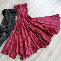 Slim cover meat elastic waist irregular skirt long pleated skirt 2021 summer new tree leather pattern triple home skirt