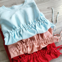 Small design 55% linen 45% cotton waist drawstring small loose casual cotton linen short sleeve T-shirt summer cool