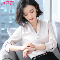 Design niche acetate satin shirt womens summer new white shirt V-neck long sleeve fashion foreign Chiffon