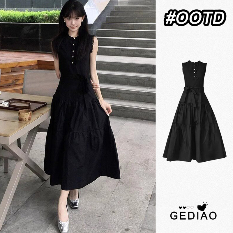 Summer New French Hepburn Style Black Sleeveless Dress, Elegant and Sweet, Waist-Cinching A-Line Little Black Dress, Trendy Long Dress