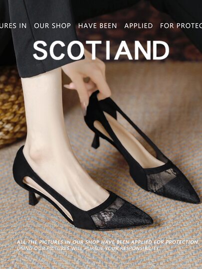 Summer Professional Work Shoes for Women 2025 New Breathable Hollow Mesh Black Stiletto Low Heel Work High Heels