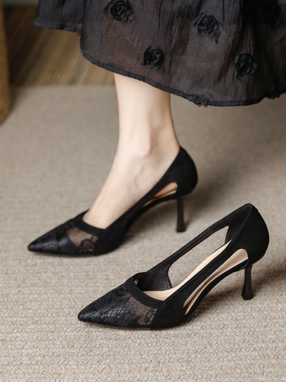 2025 New Summer Breathable Elegant Pointed Toe Single Shoes with Thin Heels, Hollow Design, Mesh High Heels for Work, Women's Shoes