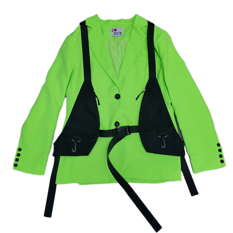 High Street Anh huỳnh quang màu xanh lá cây phù hợp với áo màu đen thiết kế đa túi hai mảnh phù hợp với áo khoác