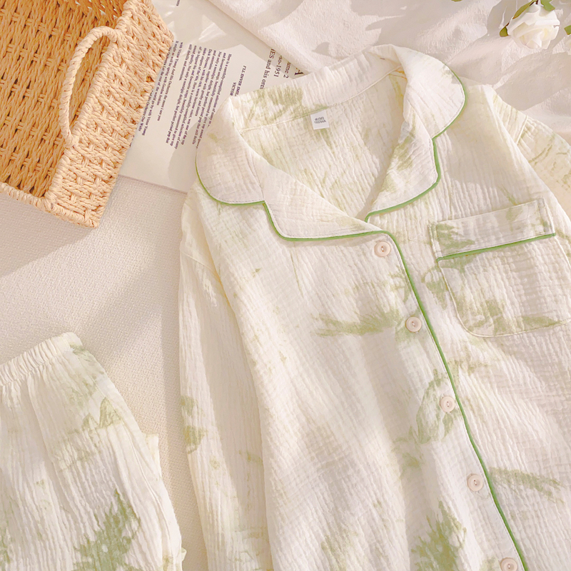 Bubble Cotton Gauze Pajamas for Women, Pure Cotton, Spring and Autumn, Long-Sleeved, Long Pants, Loose, Large Size, Double-Layer Gauze, Pastoral Home Wear Set