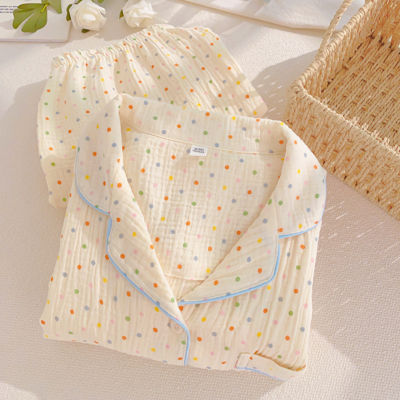 Pure Cotton Gauze Pajamas for Women, All-Cotton Seersucker Loungewear, Loose Fit, Plus Size, Suitable for Spring and Autumn, Can Be Worn Outside, Long-Sleeved Set