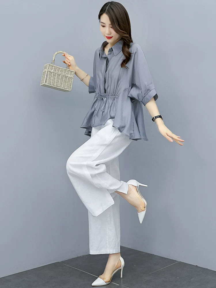 Комплект, летняя одежда на trousers, хлопок и лен