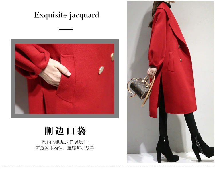 Áo khoác len nữ màu đỏ giữa mùa đông 2017 phong cách mới Hàn Quốc áo khoác len mỏng và mỏng nữ - Trung bình và dài Coat