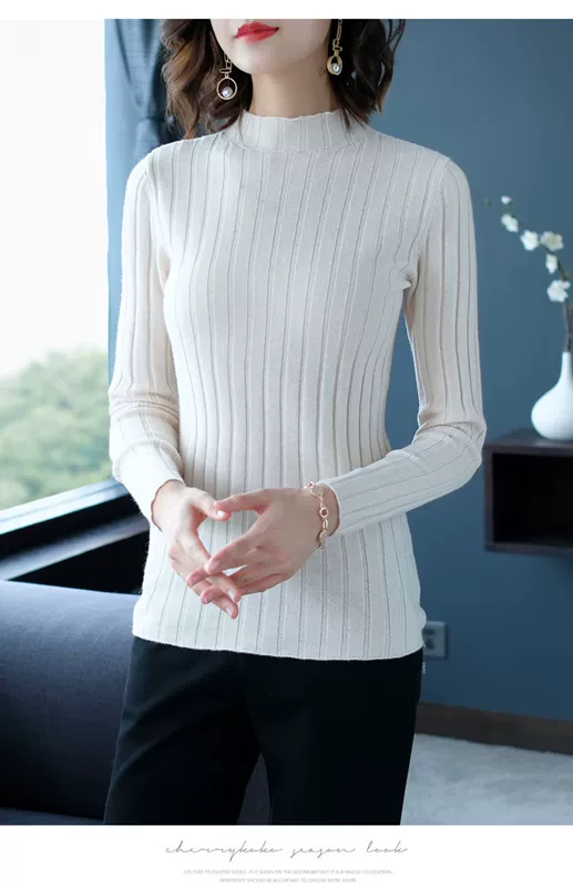Áo len một nửa cao cổ của phụ nữ áo len mỏng 2020 mùa thu và mùa đông mới bên trong màu trắng dài tay áo len hoang dã chạm đáy - Áo len cổ chữ V