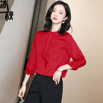Seven-point sleeve fashion solid color silk shirt women 2021 summer new round neck temperament big brand Mulberry silk shirt