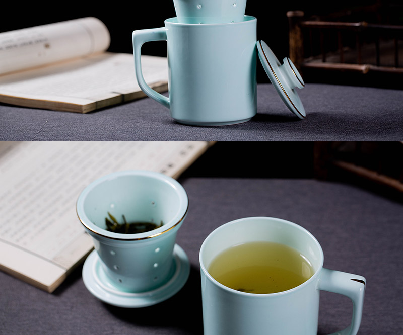 Jingdezhen filtering ceramic tea cups with cover cup of large capacity domestic cup cup celadon office