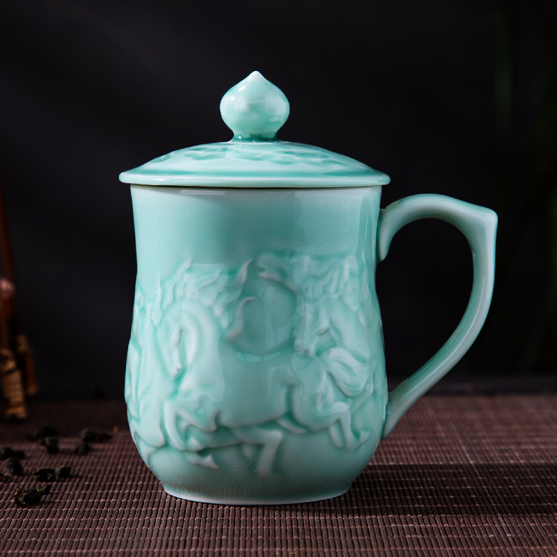 Office of jingdezhen ceramic cups with cover glass, household cup celadon personal keller cup gift reliefs