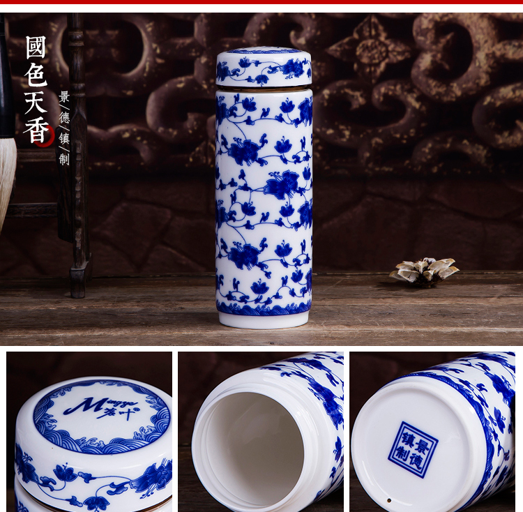 Jingdezhen ceramic double tank with cover insulation cup portable office blue and white porcelain cup tea cup gift mugs