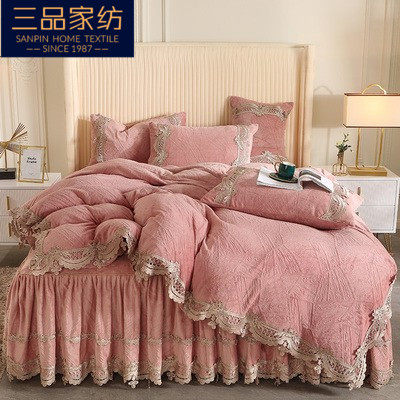 Anti-skid Warm bed skirt Thickened Winter Bedding Skirt Crystal Velvet Bed Skirt Pillowcases Three-piece Set main image 0