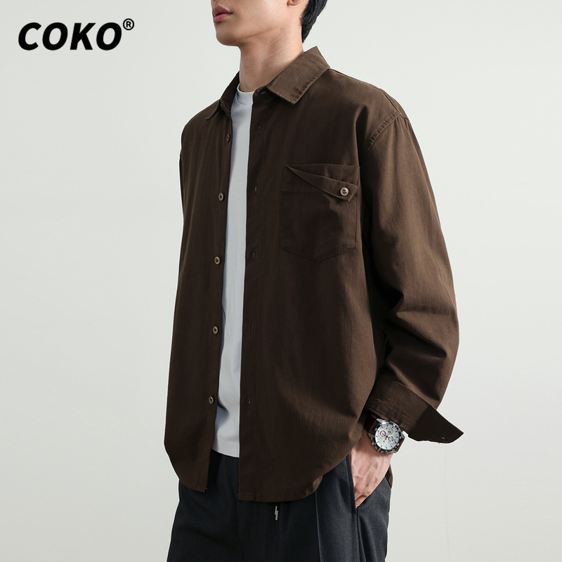 Coko Melard Retro Coffee-Colored Long-Sleeved Shirt for Men, Loose Casual Versatile Spring and Autumn Lyocell Work Shirt