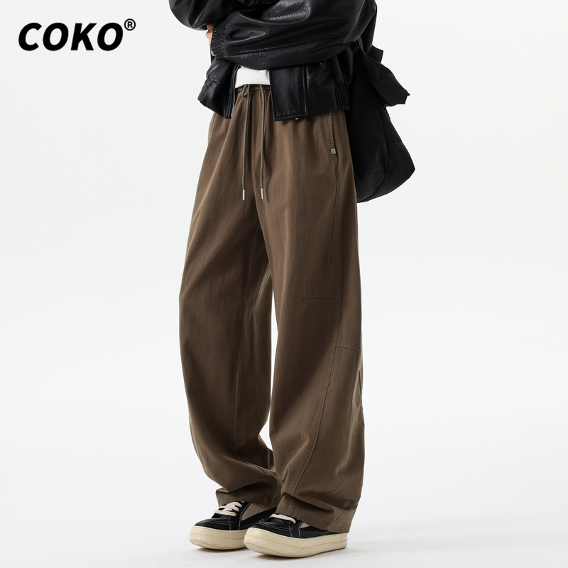 Coko American-Style Cleanfit Scimitar Pants for Men, Loose Straight-Leg Spring and Autumn Twill Wear-Resistant Pure Cotton Casual Pants for Men