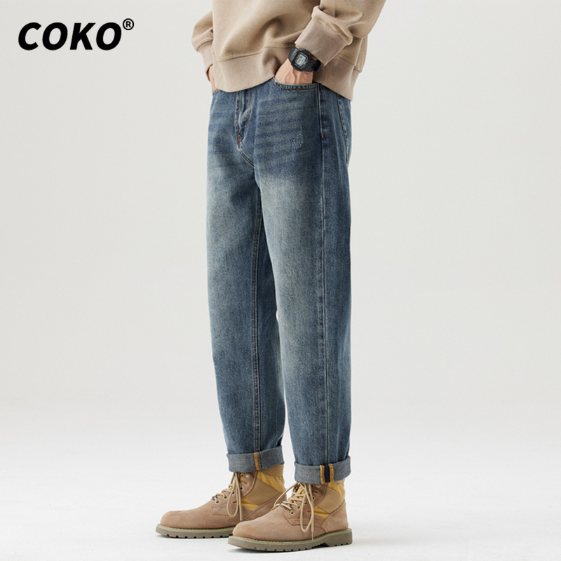 Coko Small Straight Tapered Jeans for Men, Loose Fit, Large Size, New Spring and Autumn Style, Heavy Washed Vintage Micro-Harem Pants