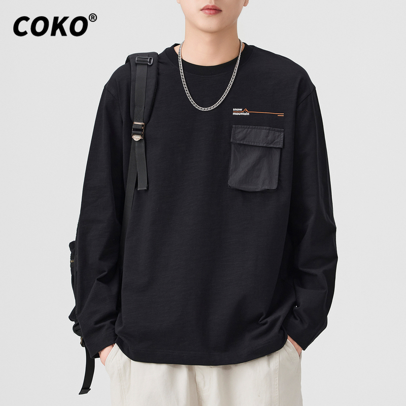 Coko Workwear Pocket Design Long-Sleeve T-Shirt for Men, Loose Fit, Large Size, 2026 Spring and Autumn, Trendy Brand, Pure Cotton Base Shirt