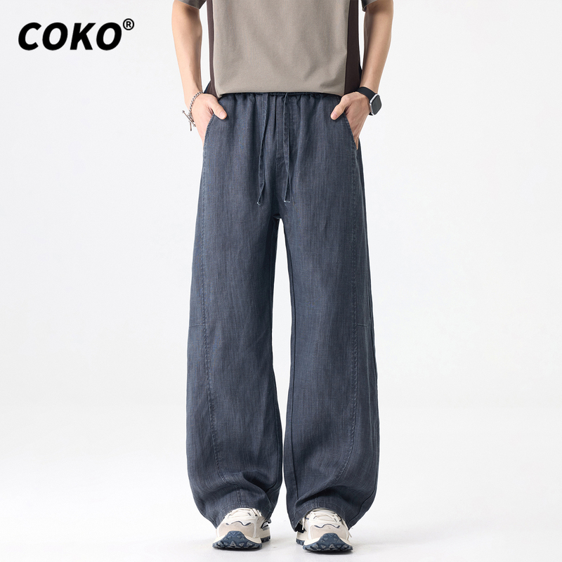 Coko Blue-Gray Lyocell Linen Casual Pants for Men, Loose Straight-Leg Summer Skin-Friendly Breathable Wide-Leg Pants