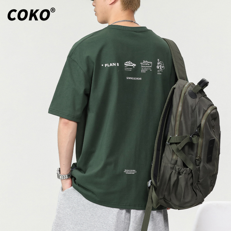 Coko Heavyweight Pure Cotton Printed Short-Sleeved T-Shirt for Men, Loose Large Size, Summer Dark Green Fashionable Casual Half-Sleeved T-Shirt