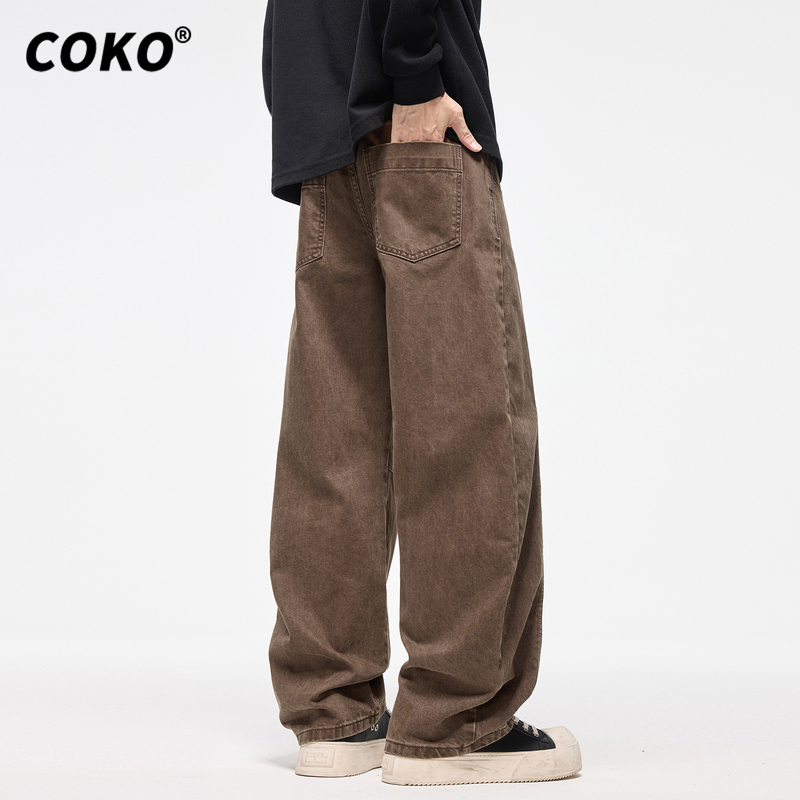 Coko Brown Pure Cotton Scimitar Jeans for Men, Loose Straight-Leg Spring and Autumn Melard Vintage Washed Casual Pants