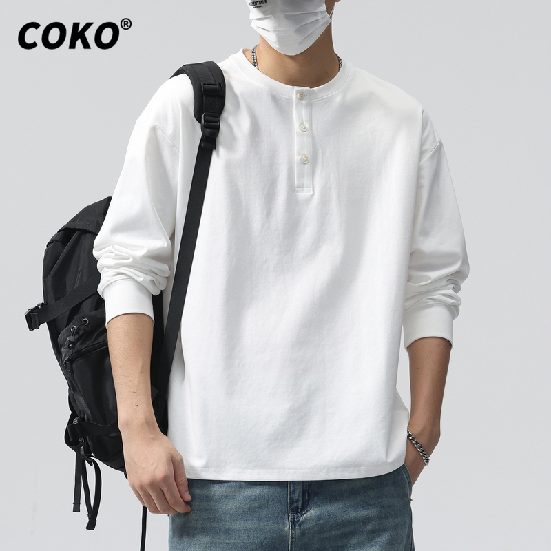 Coko American-Style Henry Collar White Long-Sleeve T-Shirt for Men 2026 New Spring Trendy Casual Base Shirt for Men